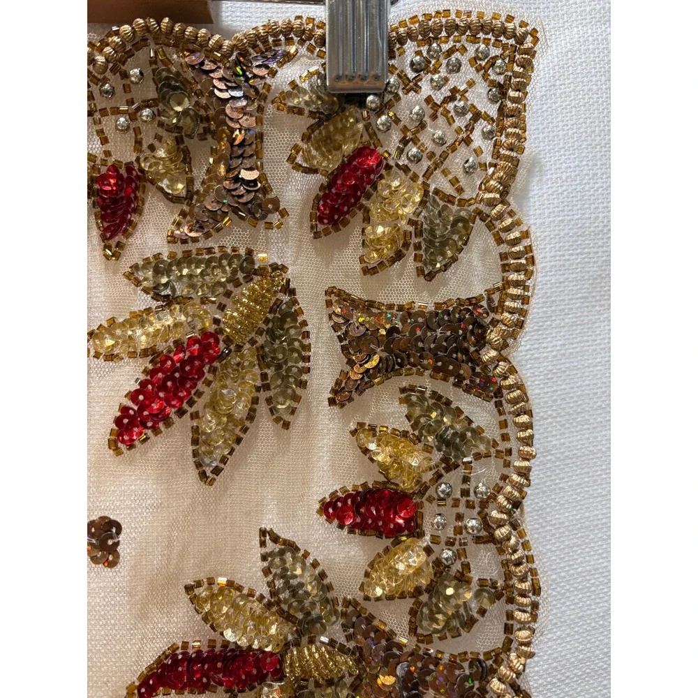 Embellished Sheer Table Runner Beaded Sequins‎ Red Gold Accent Decor